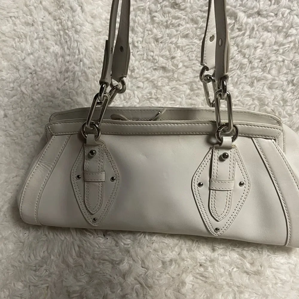 COLE HAAN TRINITY Baguette style Leather White Satchel silver tone hardwares.